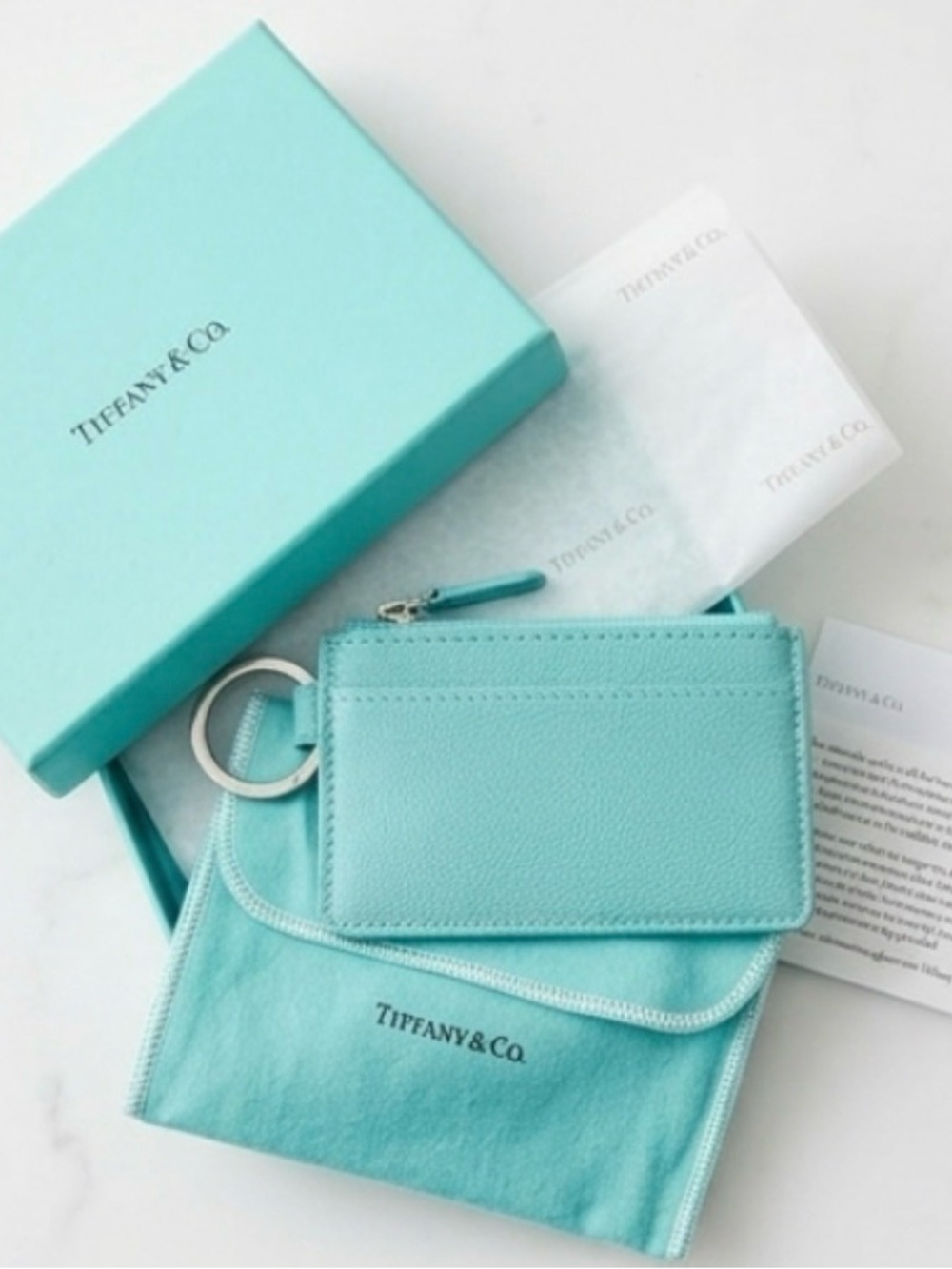 Tiffany & Co. Aqua Blue Leather Zip Card Holder with Key Ring